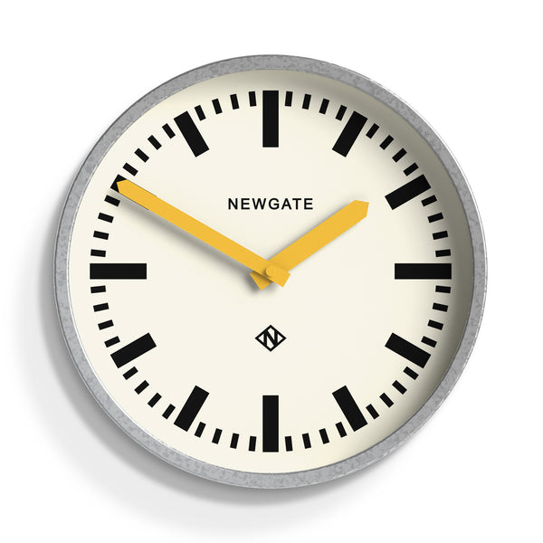 Newgate Luggage wall clock in galvanised and yellow