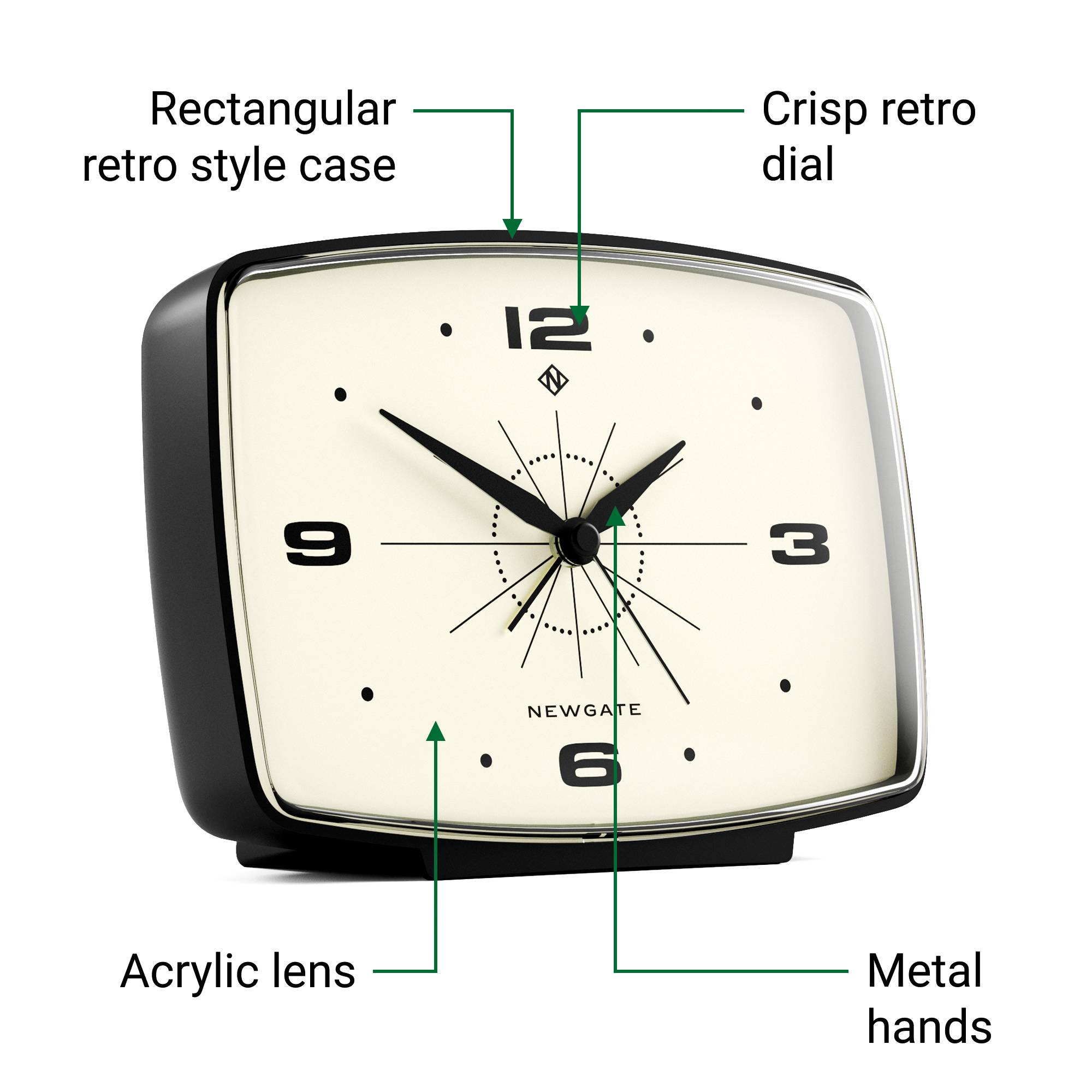 Brooklyn alarm clock in black | Silent 'No Tick' | Newgate World
