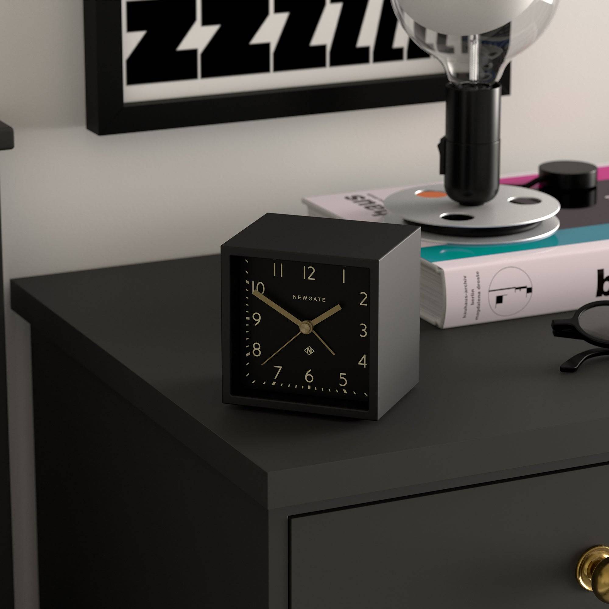 Equinox alarm clock in black with reverse dial | Silent 'No Tick