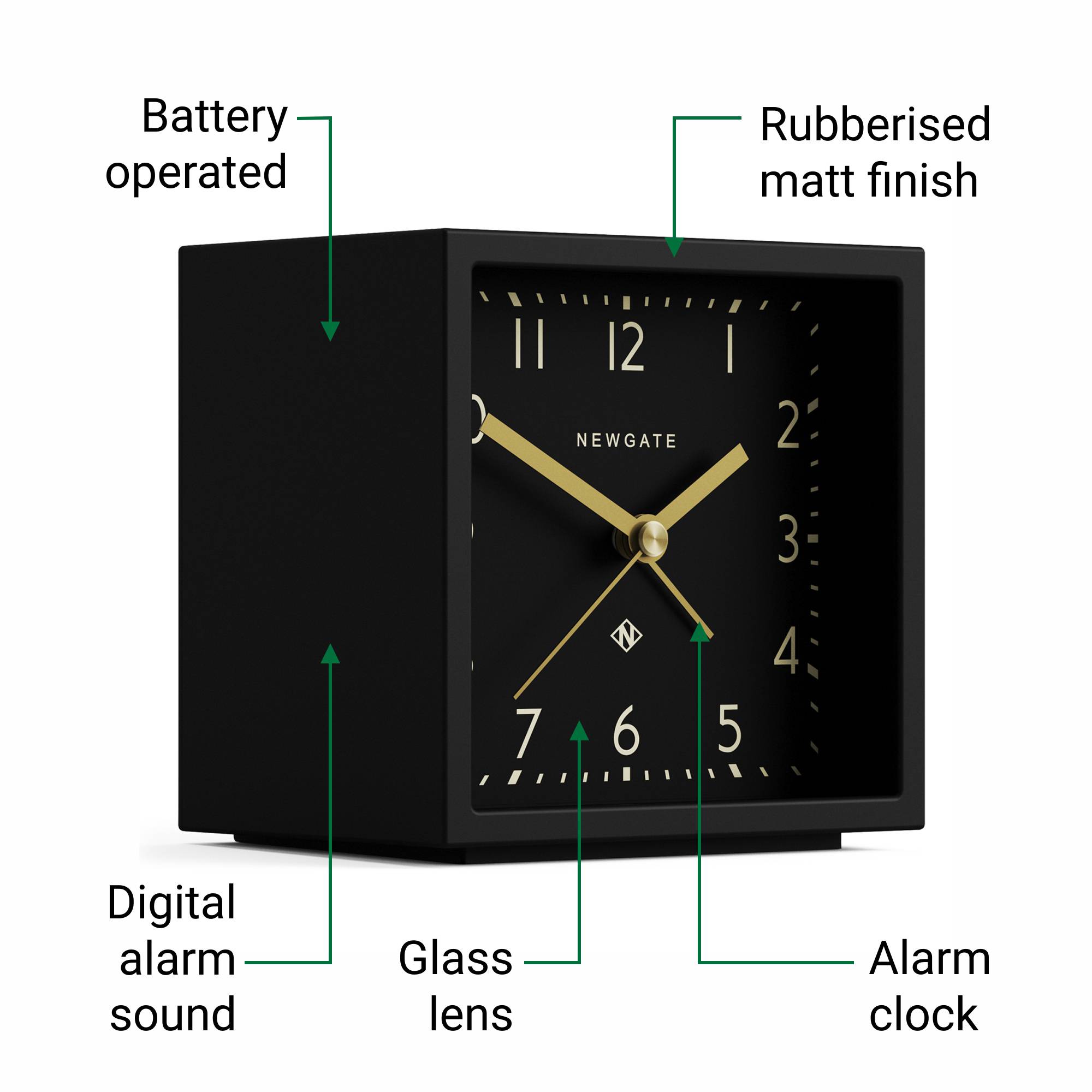 Equinox alarm clock in black with reverse dial | Silent 'No Tick