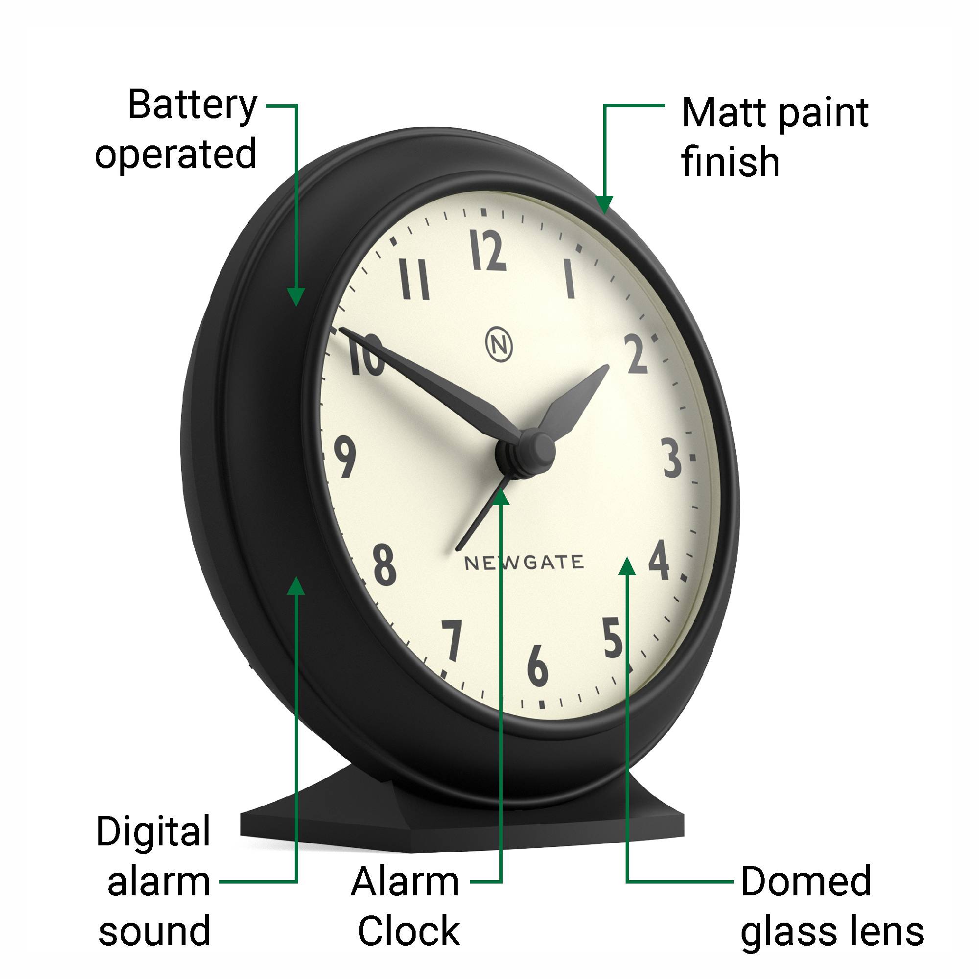 Pacific alarm clock in black | Silent 'No Tick' | Newgate World