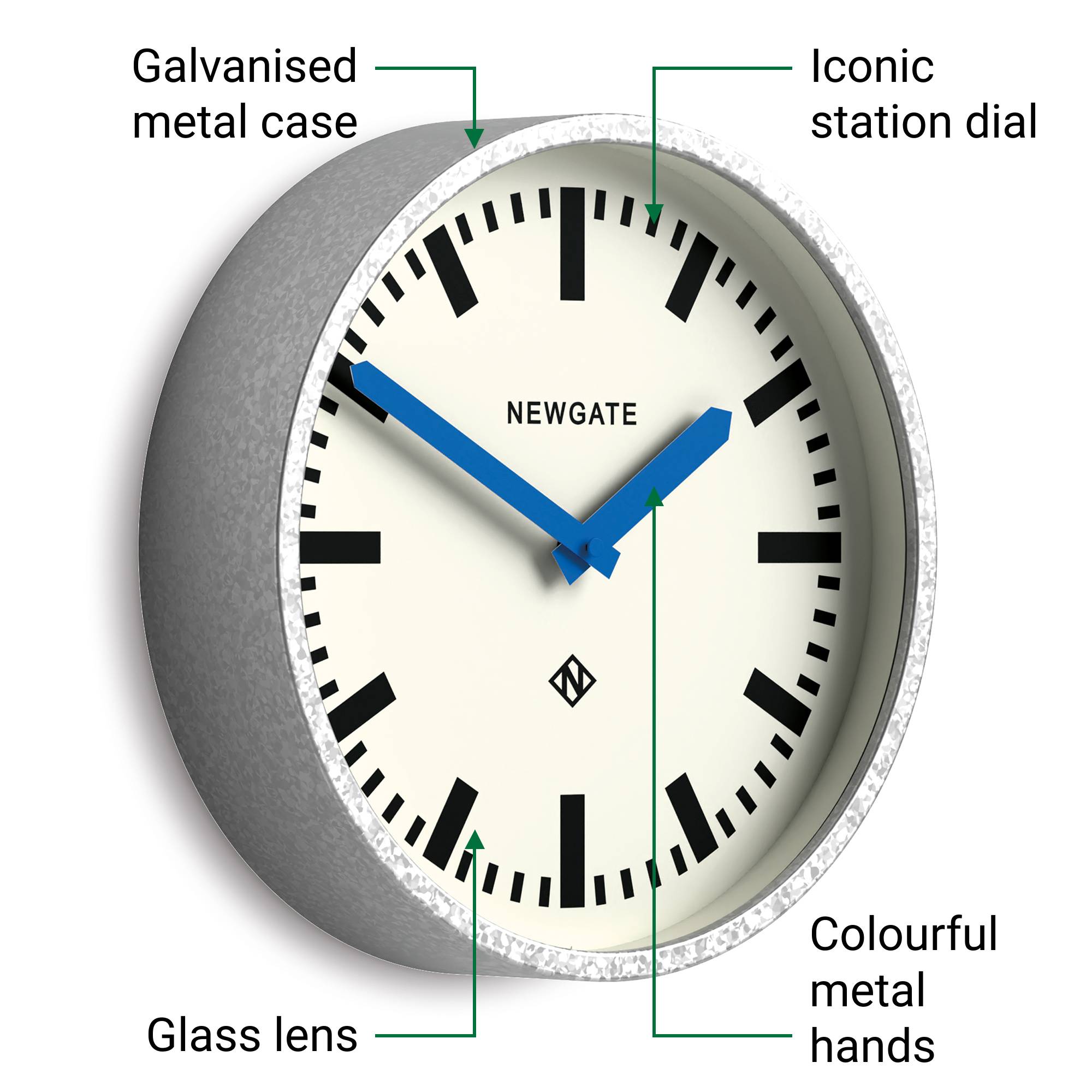 Newgate Luggage wall clock in galvanised and blue – Newgate World