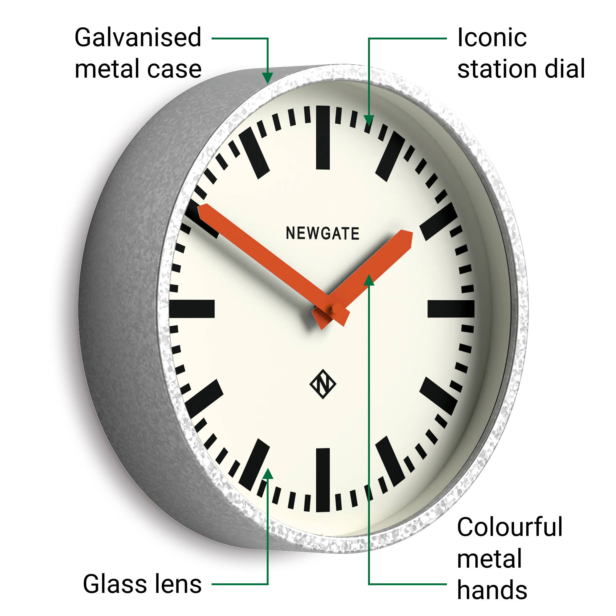 Newgate Luggage wall clock in galvanised and orange – Newgate World