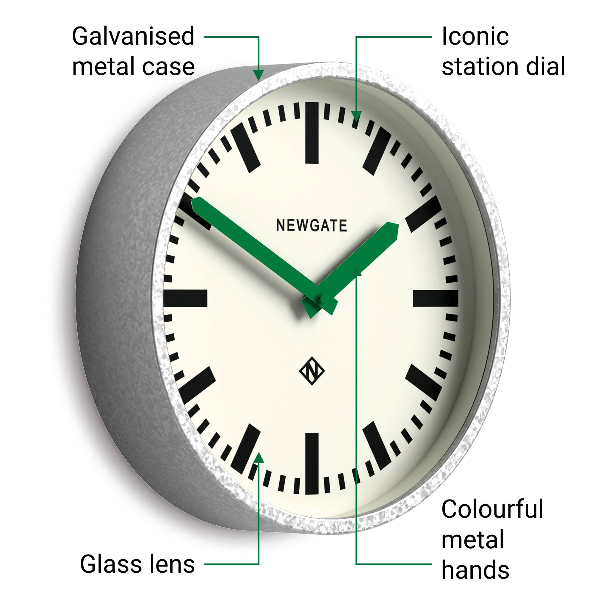 Newgate Luggage wall clock in galvanised and green – Newgate World