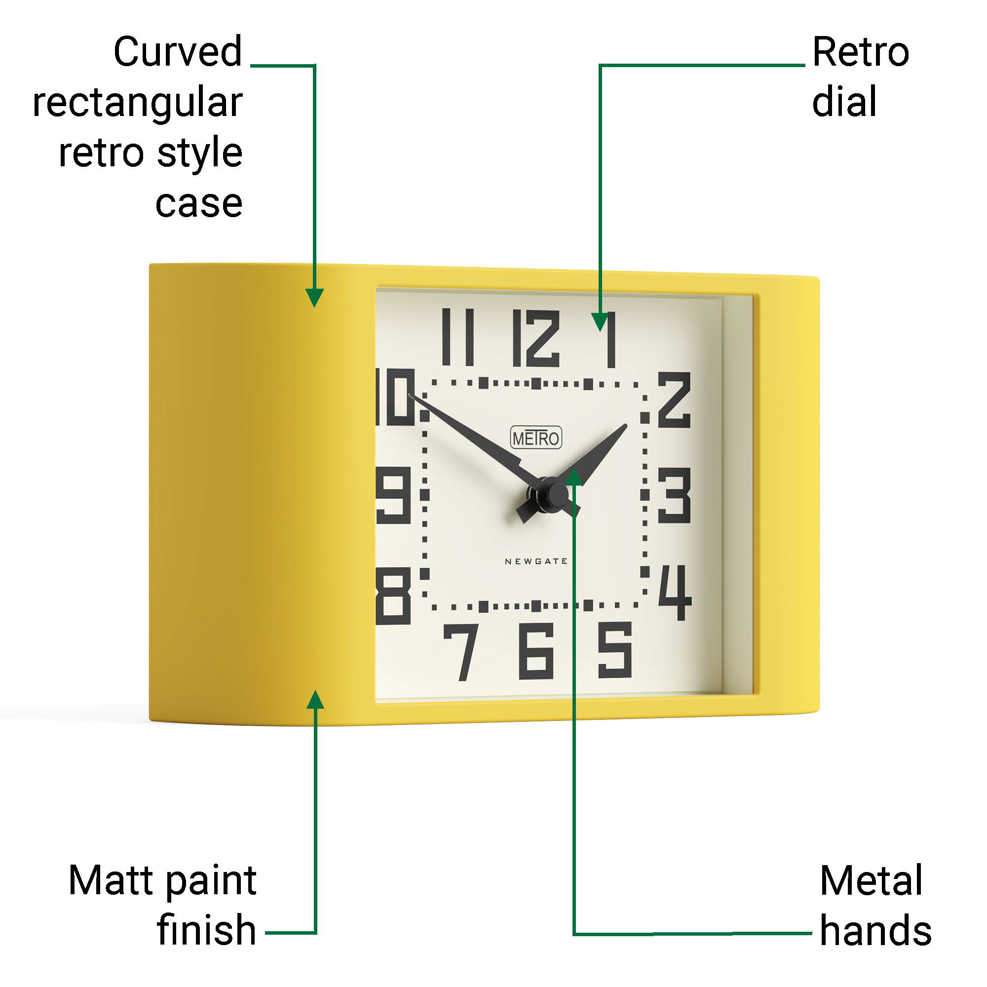 Mini Metro mantel clock in citrus yellow | Silent 'No Tick
