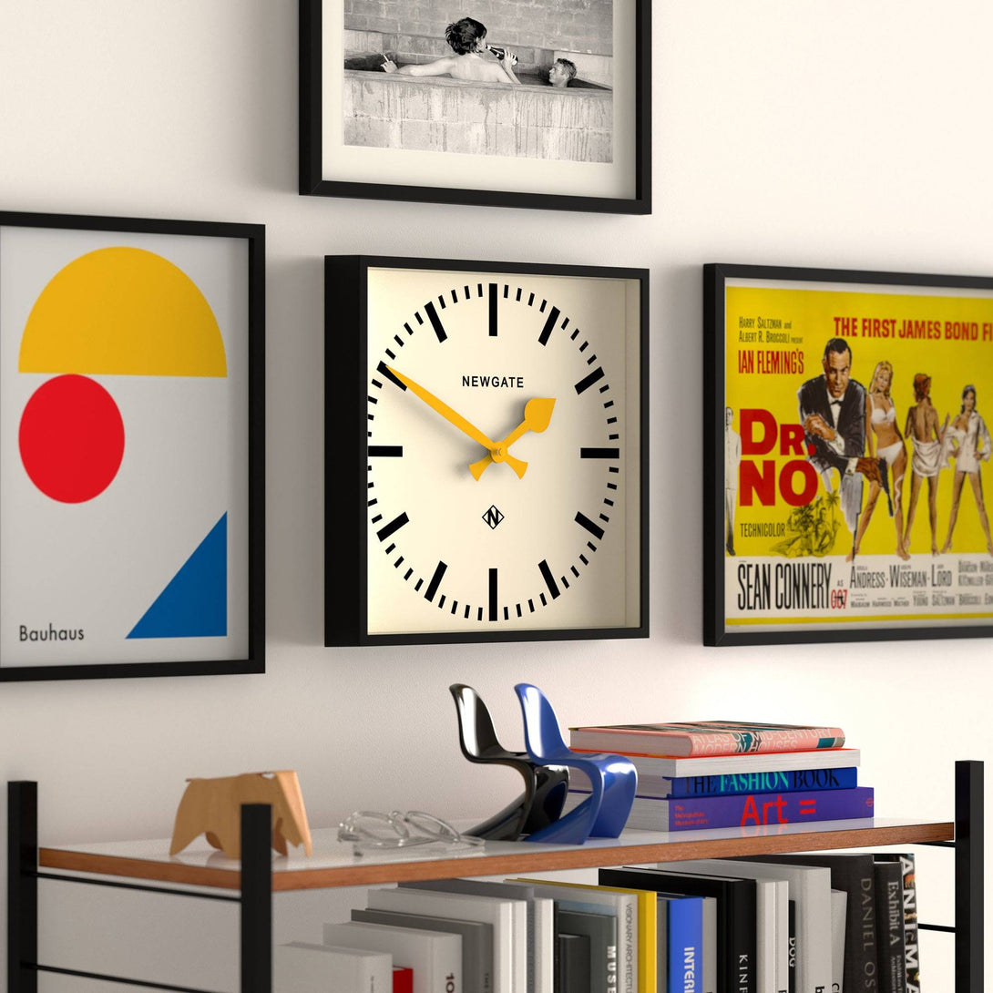 square railway wall clock yellow hands