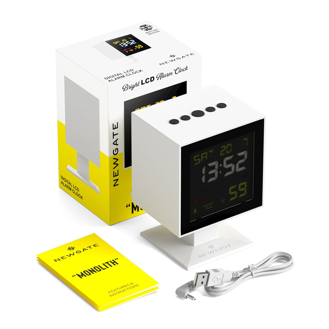 Digital Monolith Alarm Clock | White with Black LCD Display - packaging