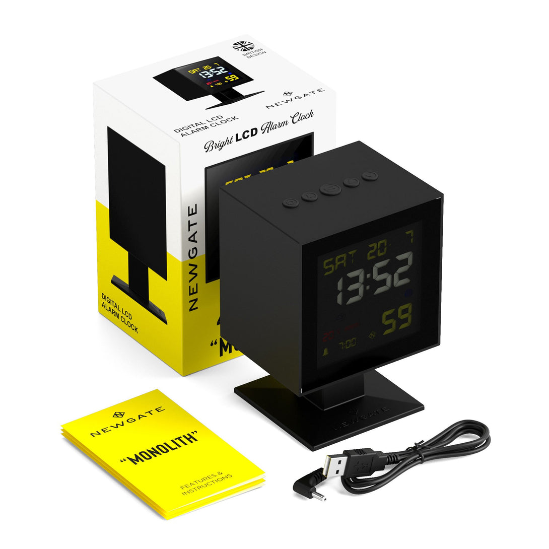 LCD Monolith alarm clock by Newgate World with a black case and black LCD screen with coloured digits - packaging