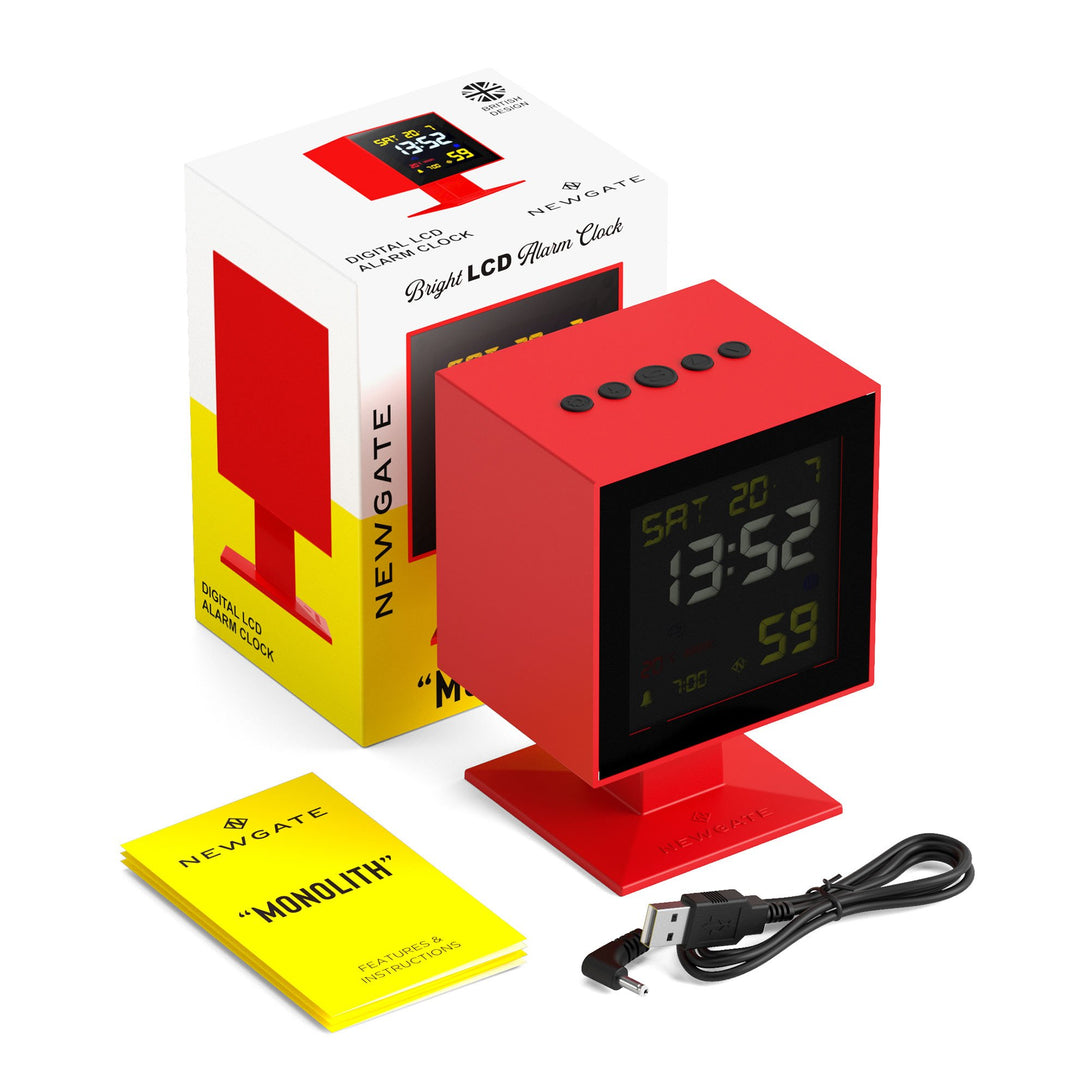 Digital Monolith Alarm Clock | Red with Black LCD Display - Packaging