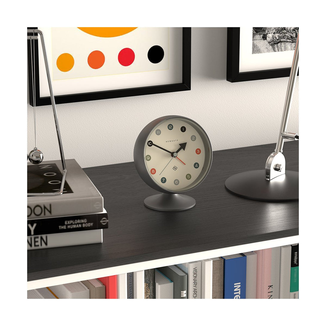 Retro Spheric alarm clock by Newgate World with an Arabic dial and a blizzard grey case - Style Shot Skew