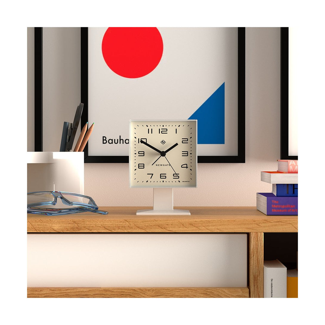Retro Victor alarm clock by Newgate Clocks with a square case and an Arabic dial in matt white - Front Style Shot
