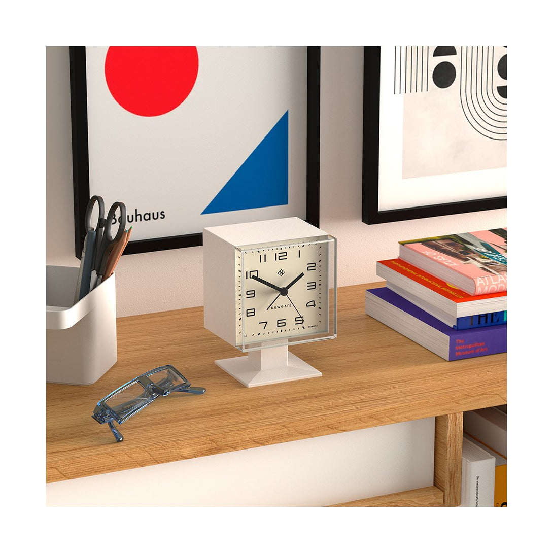 Retro Victor alarm clock by Newgate Clocks with a square case and an Arabic dial in matt white - Skew Style Shot