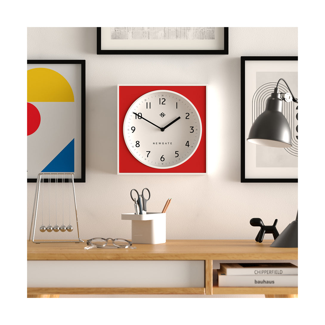 Modern Wall Clock - White Case with Colourful Fire Engine Red Pannel - Newgate Burger and Chips BURG261WFER - Style shot