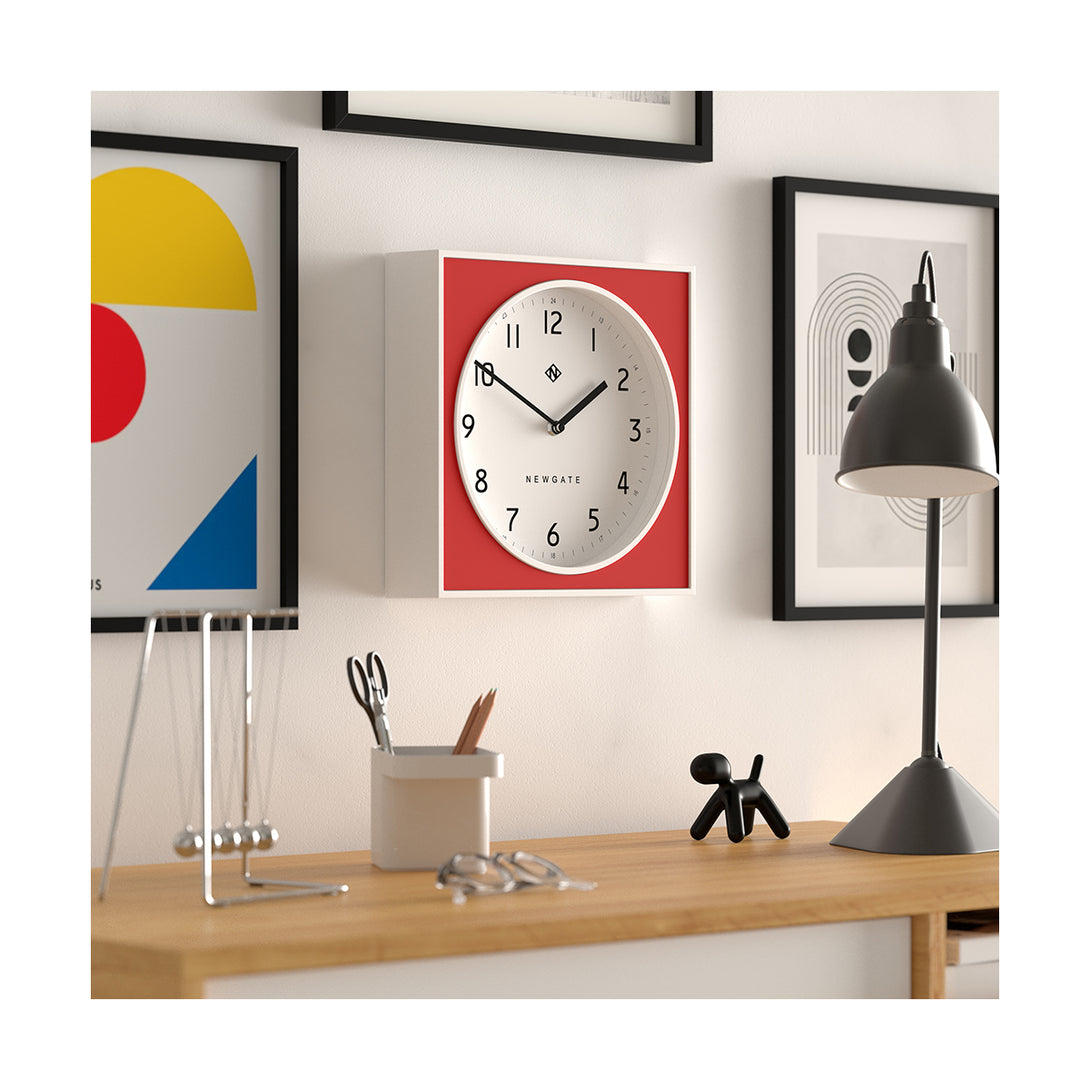 Modern Wall Clock - White Case with Colourful Fire Engine Red Pannel - Newgate Burger and Chips BURG261WFER - Skew  style shot