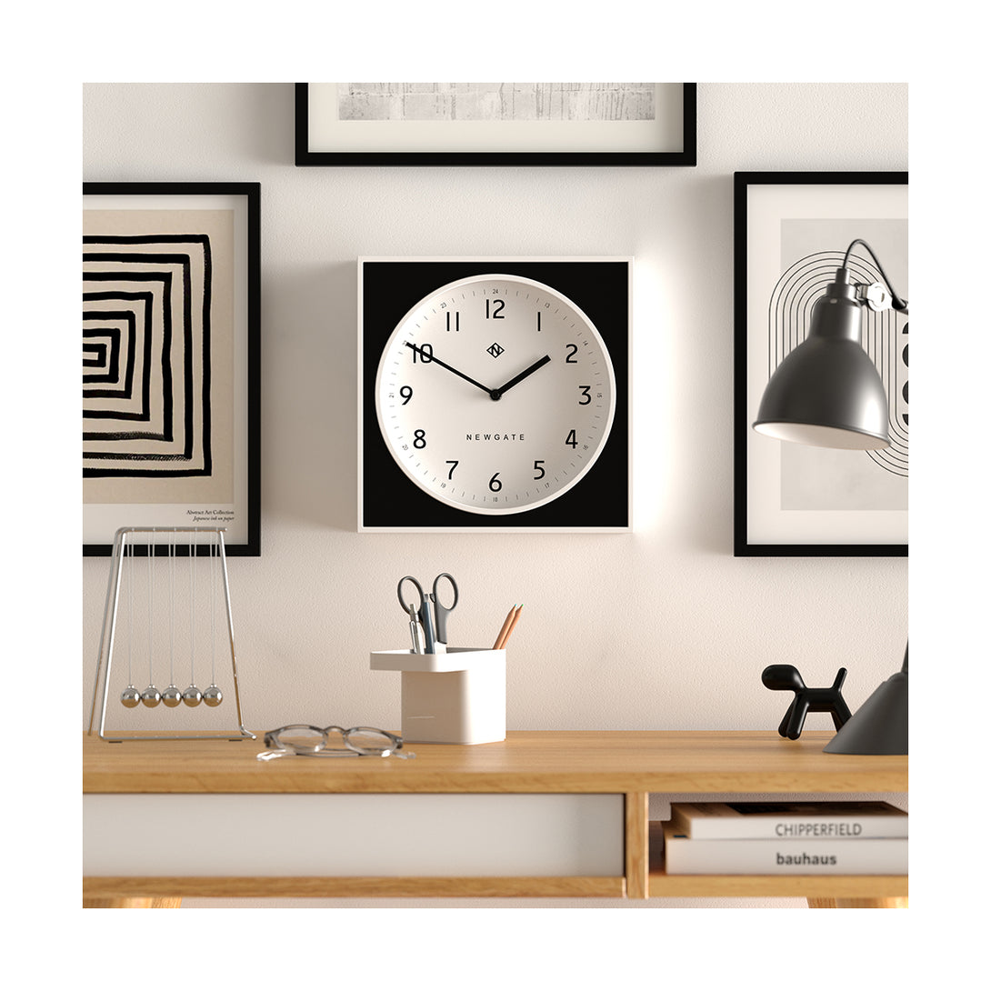 Modern Wall Clock - White Case with Colourful Black Pannel - Newgate Burger and Chips BURG261WK - Style shot