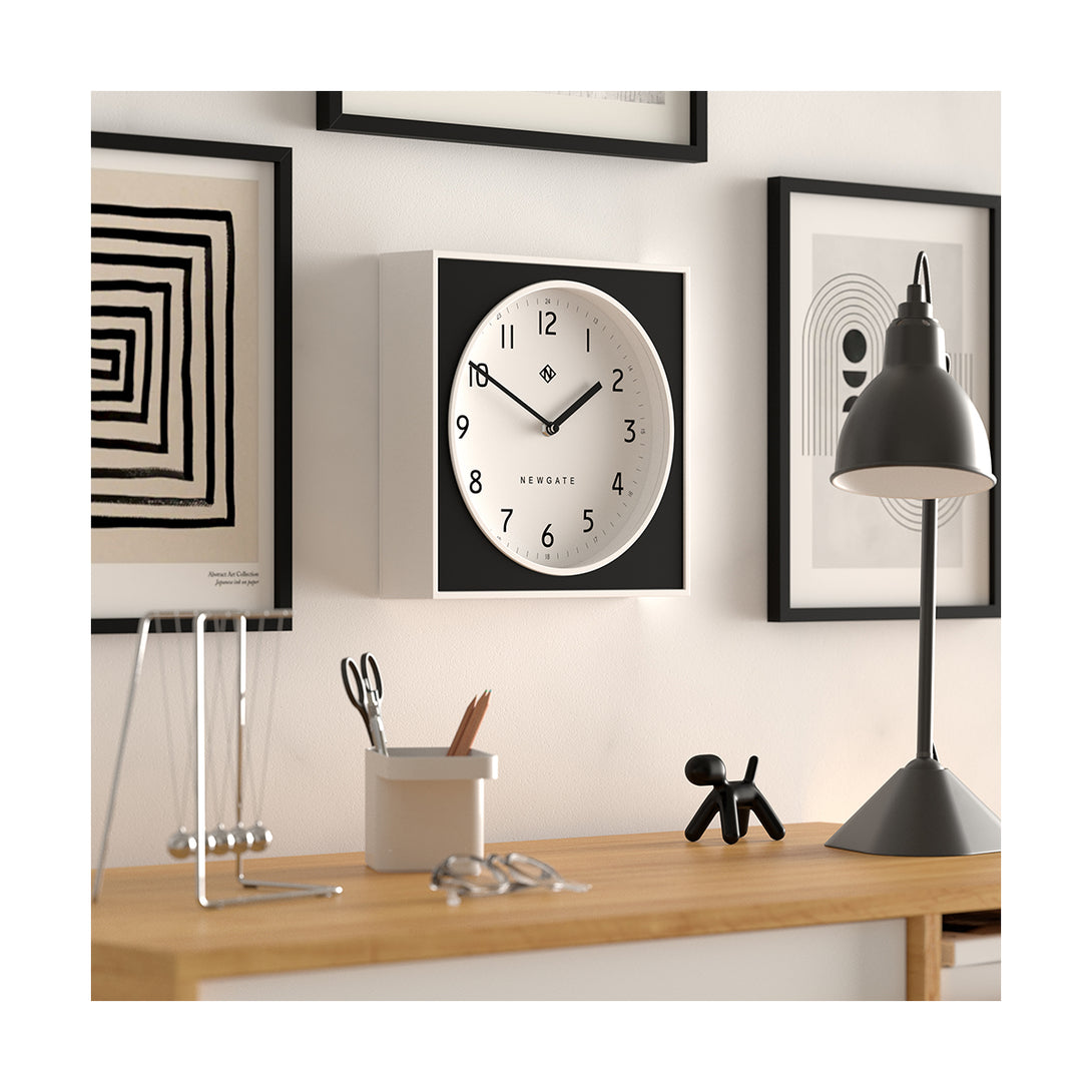 Modern Wall Clock - White Case with Colourful Black Pannel - Newgate Burger and Chips BURG261WK - Skew style shot