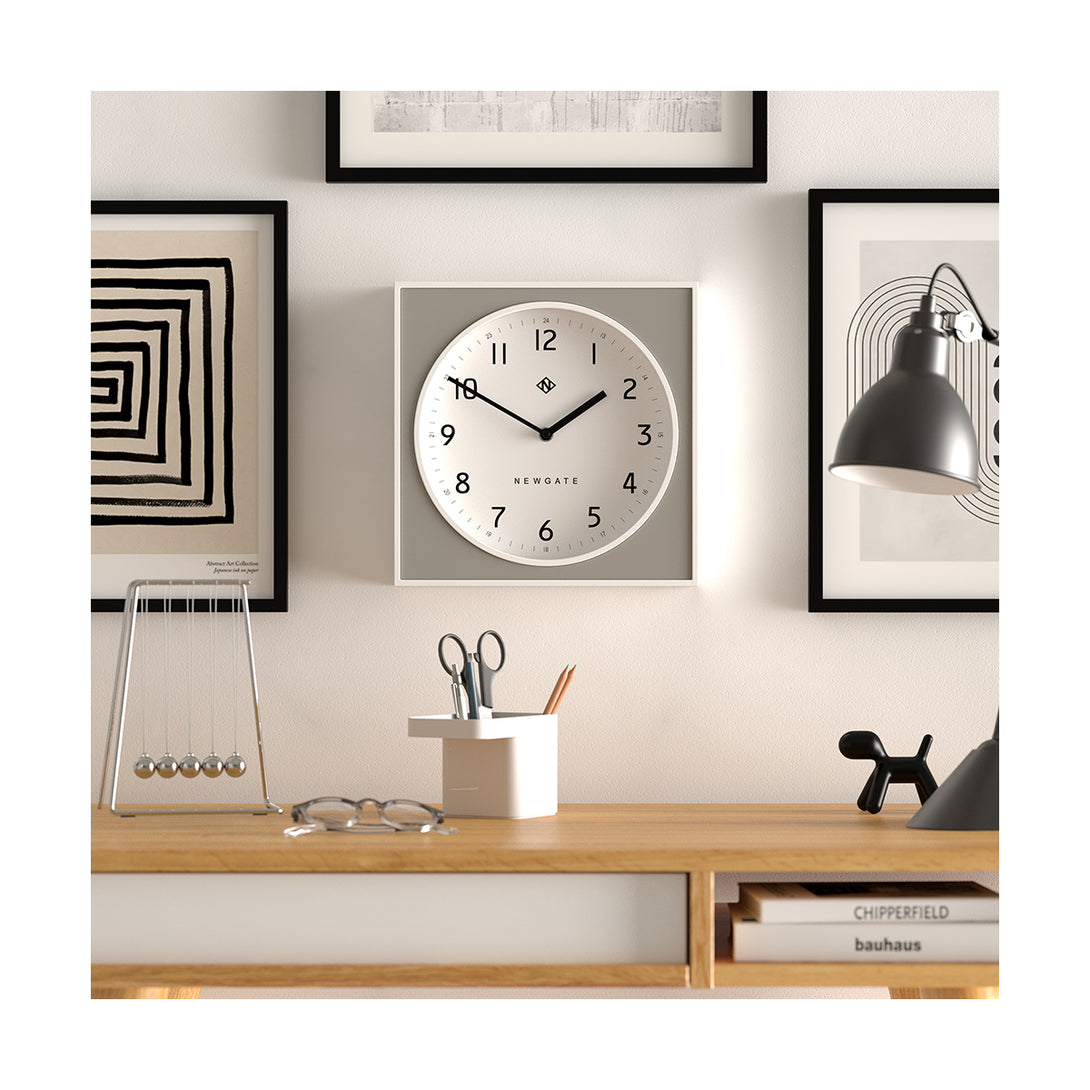 Modern Wall Clock - White Case with Colourful Pepper Grey Pannel - Newgate Burger and Chips BURG261WPGY - style shot