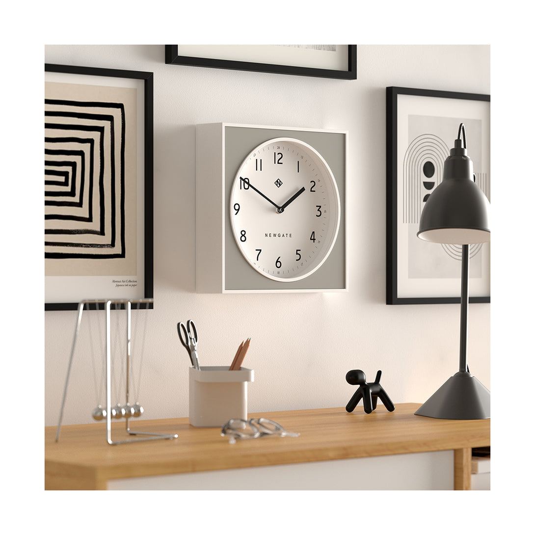Modern Wall Clock - White Case with Colourful Pepper Grey Pannel - Newgate Burger and Chips BURG261WPGY - skew style shot