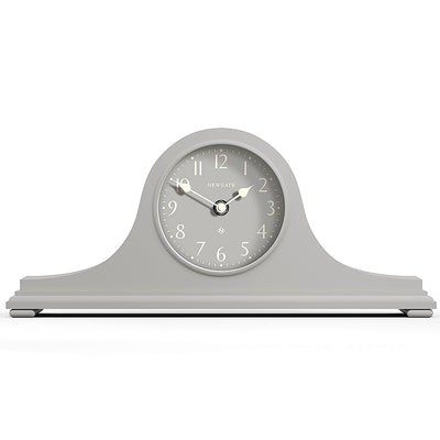 Newgate Clocks Time Machine mantel clock in Overcoat Grey with classic style case and contemporary Arabic reverse dial