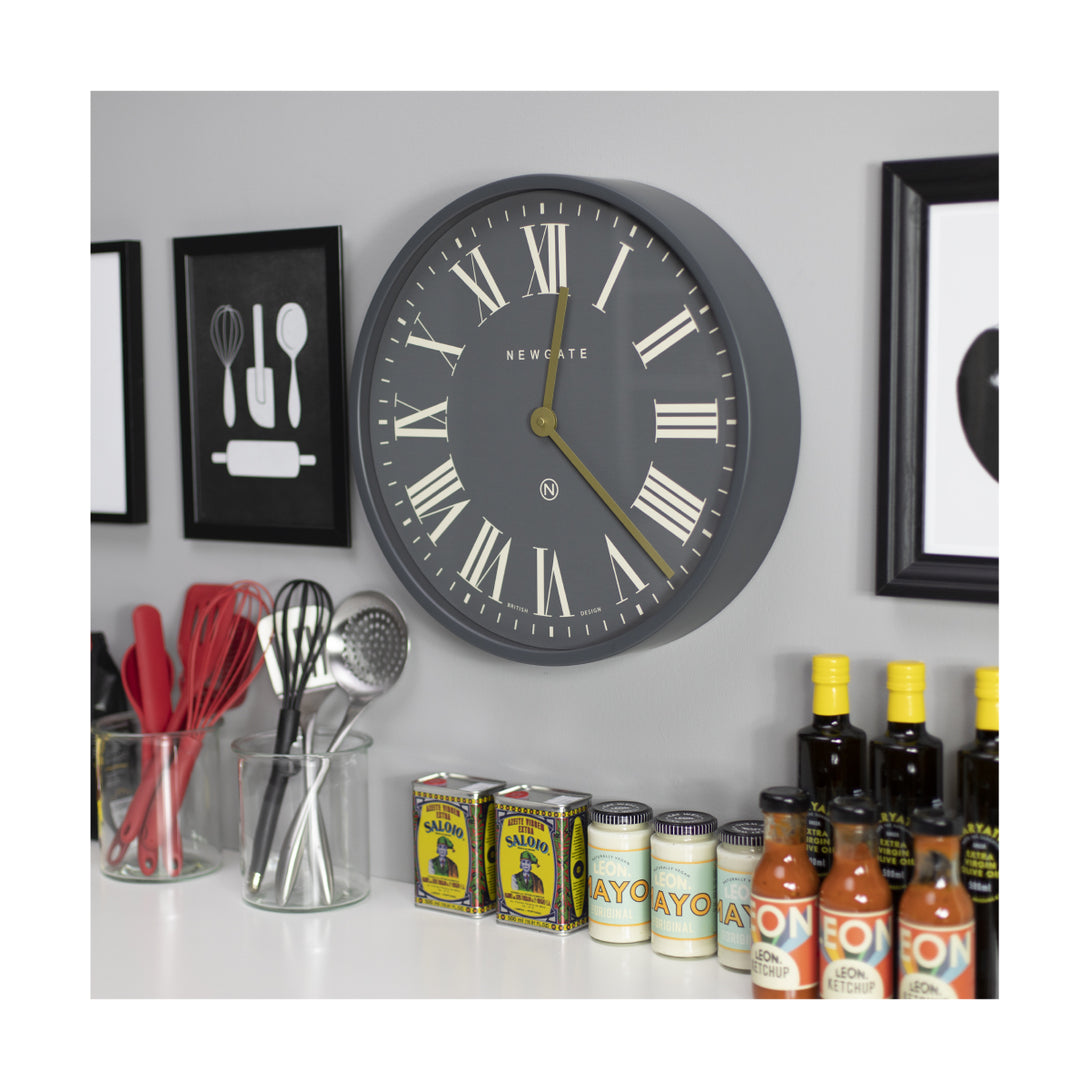 Side view of the Blizzard Grey reverse dial large Mr Butler Wall clock by Newgate World in a kitchen setting