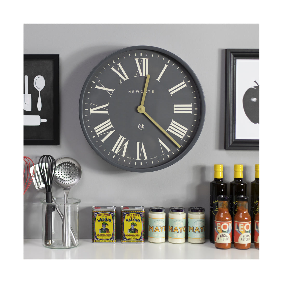 Blizzard Grey reverse dial large Mr Butler Wall clock by Newgate World in a kitchen setting