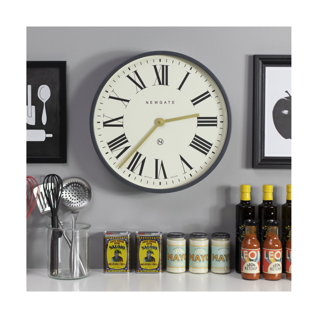 Blizzard Grey large Mr Butler Wall clock by Newgate World in a kitchen setting