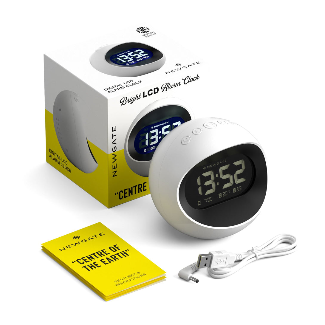 Digital Centre of the Earth Alarm Clock | White with Black LCD Display  - Packaging