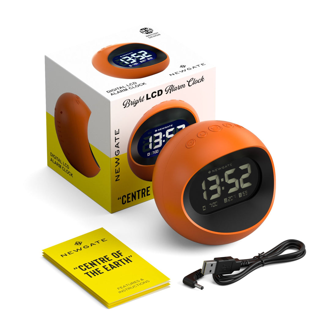 Digital Centre of the Earth Alarm Clock | Orange with Black LCD Display - Packaging