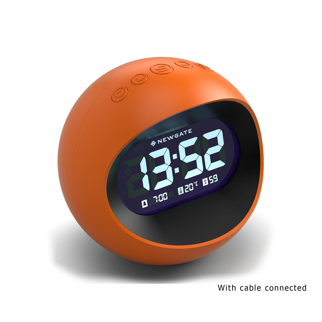 Digital Centre of the Earth Alarm Clock | Orange with Black LCD Display - With Cable Connected