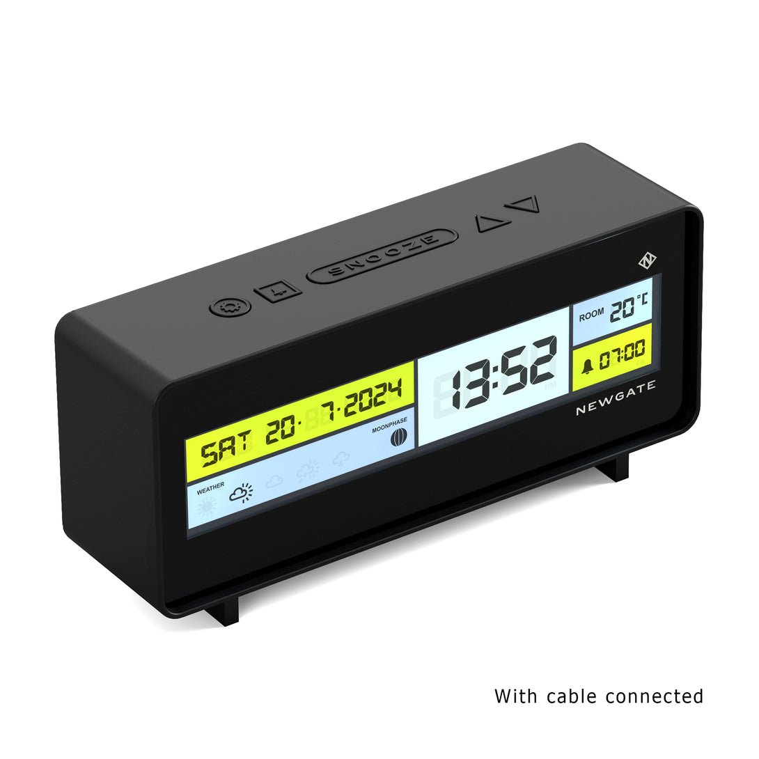 Digital Alarm Clock with Black, Yellow, White & Grey LCD Display - Futurama - LCD-FUTUR1 - with cable connected