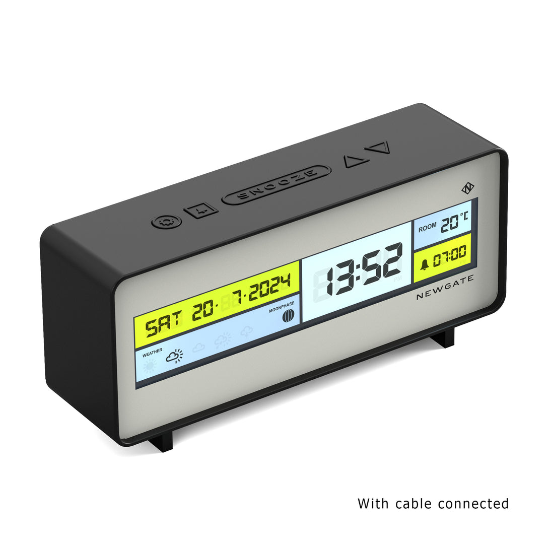 Digital Alarm Clock with Black, Yellow, White & Grey LCD Display - Futurama - LCD-FUTUR2 - with cable connected