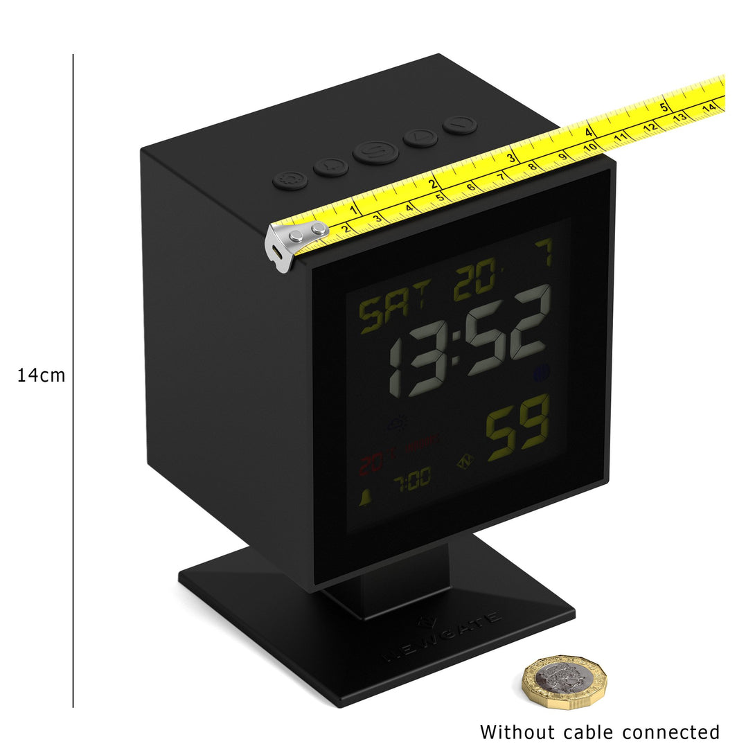 LCD Monolith alarm clock by Newgate World with a black case and black LCD screen with coloured digits - dim