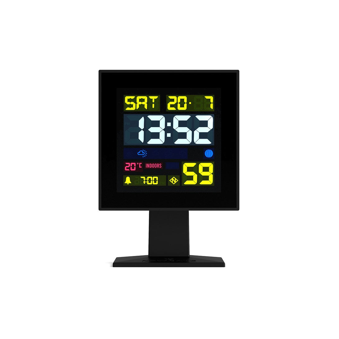 LCD Monolith alarm clock by Newgate World with a black case and black LCD screen with coloured digits - Front