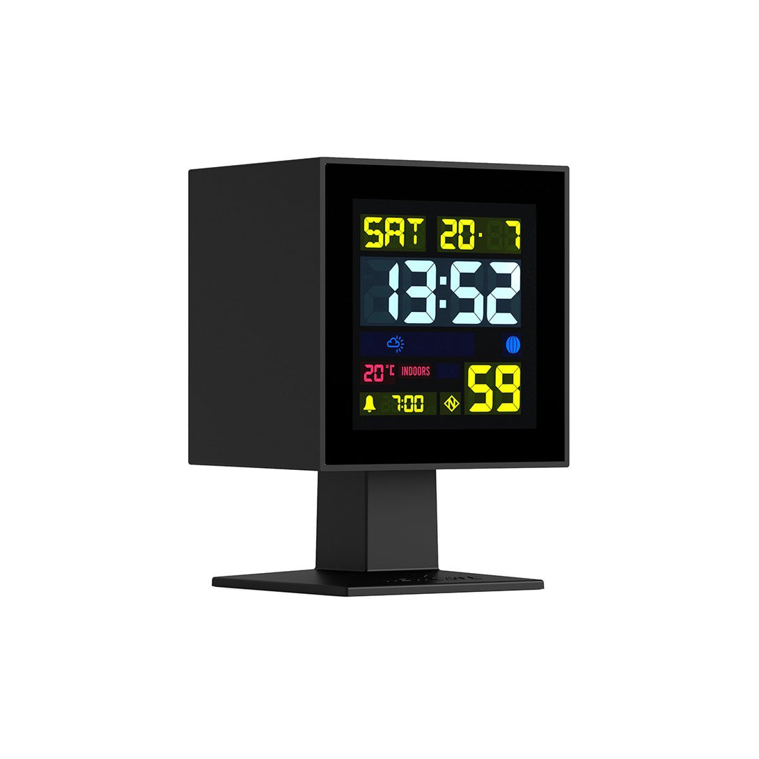 LCD Monolith alarm clock by Newgate World with a black case and black LCD screen with coloured digits - Skew