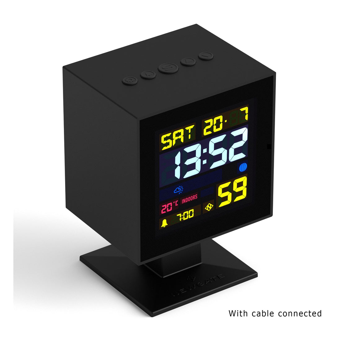 LCD Monolith alarm clock by Newgate World with a black case and black LCD screen with coloured digits - with cable