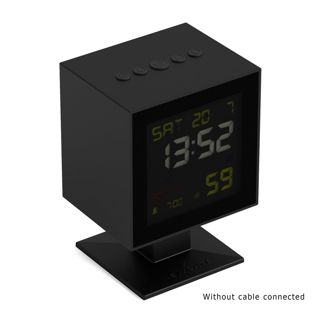LCD Monolith alarm clock by Newgate World with a black case and black LCD screen with coloured digits - without cable