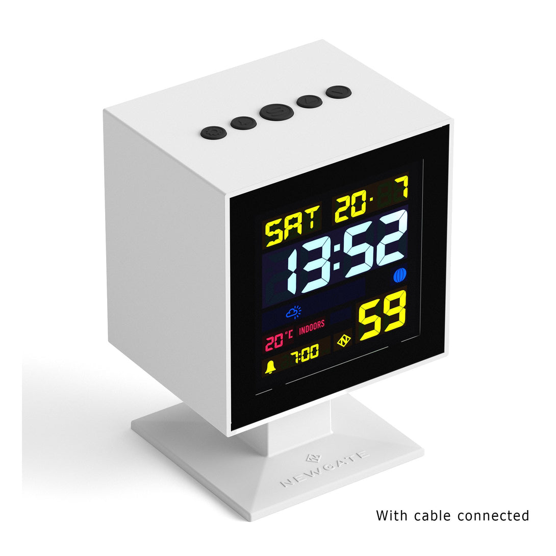 Digital Monolith Alarm Clock | White with Black LCD Display  - with cable connected