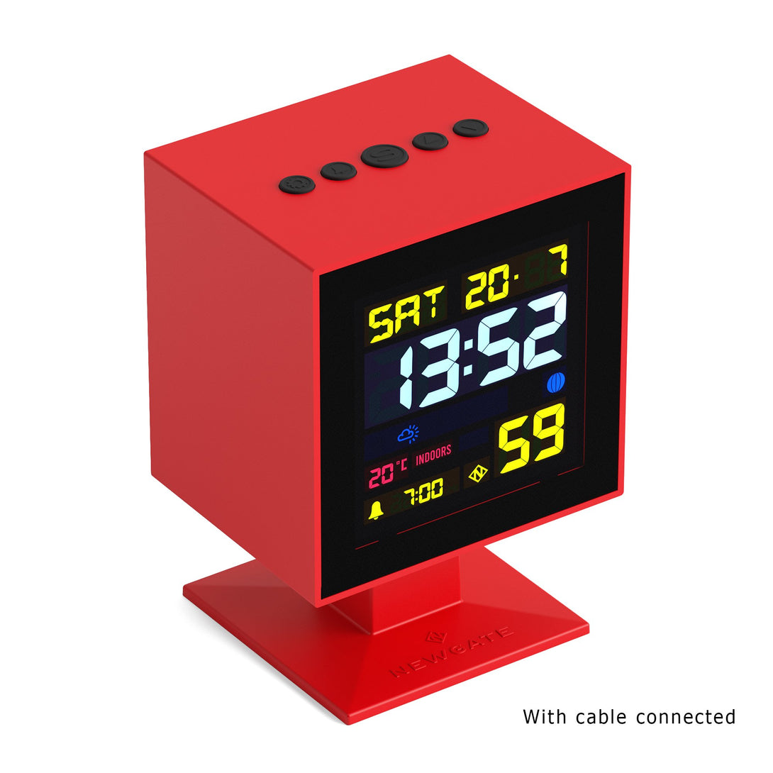 Digital Monolith Alarm Clock | Red with Black LCD Display - Skew - With Cable Connected