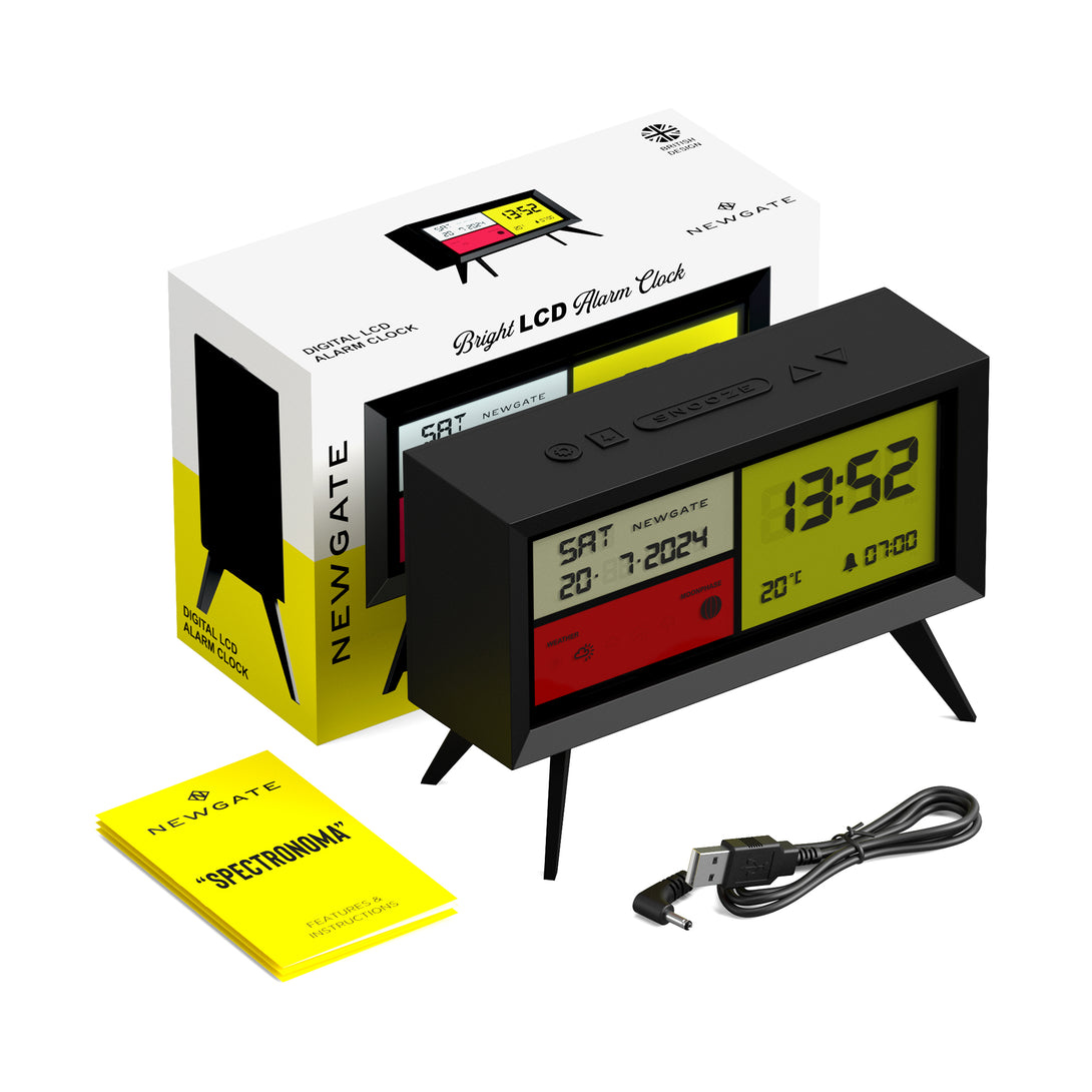 Digital Alarm Clock with Black, White, Red & Yellow LCD Display - Spectronoma - LCD-SPECT1 - Packaging