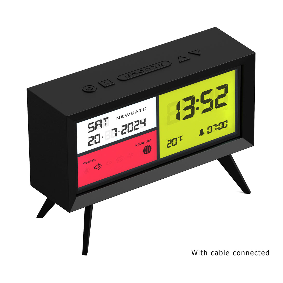 Digital Alarm Clock with Black, White, Red & Yellow LCD Display - Spectronoma - LCD-SPECT1Digital Alarm Clock with Black, White, Red & Yellow LCD Display - Spectronoma - LCD-SPECT1 - With cable connected