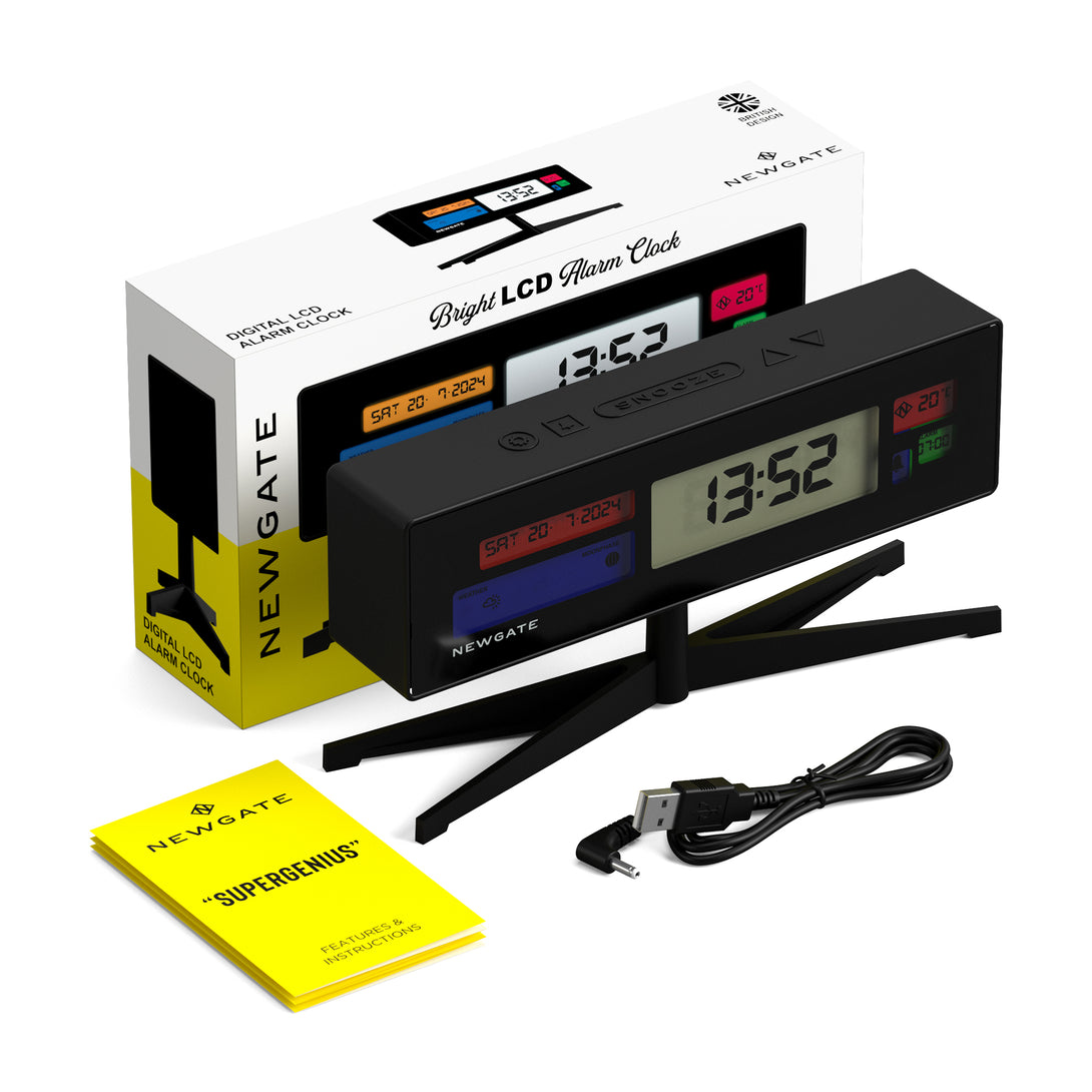 Digital Alarm Clock - Black with Multicolour LCD Display - Supergenius - LCD-SUPER1 - Packaging