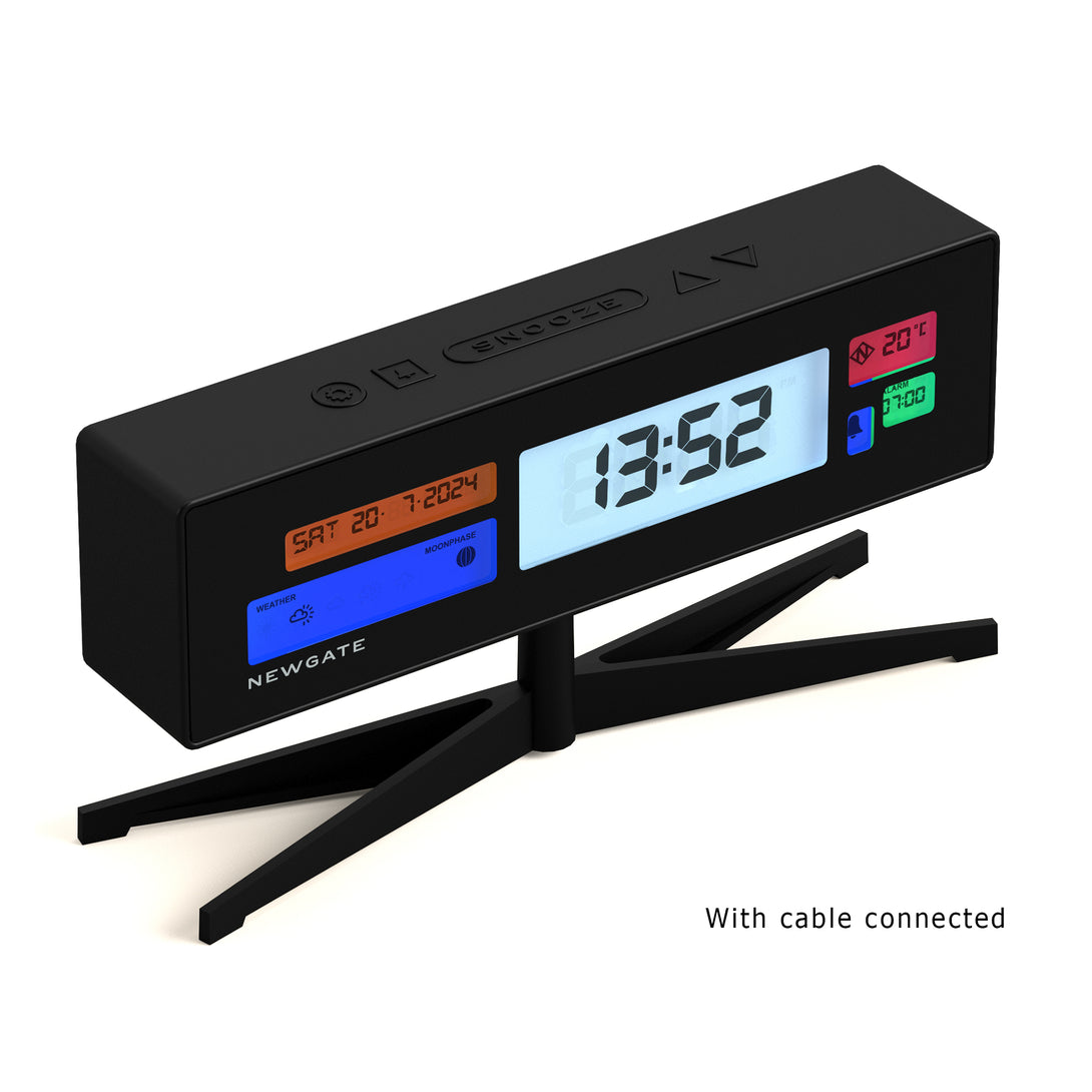 Digital Alarm Clock - Black with Multicolour LCD Display - Supergenius - LCD-SUPER1 - With Cable Connected