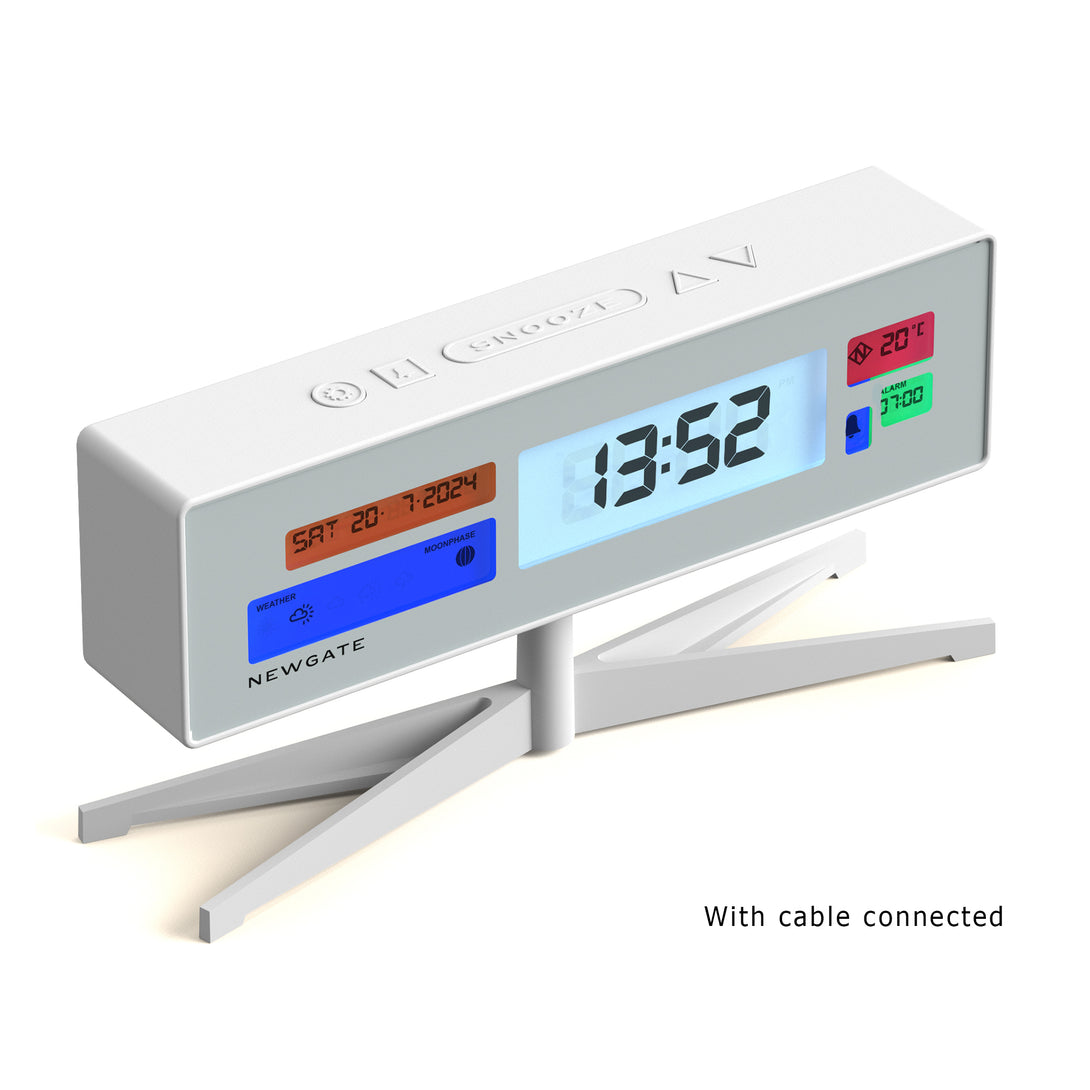 Digital Alarm Clock - White with Multicolour LCD Display - Supergenius - LCD-SUPER2 - With cable connected