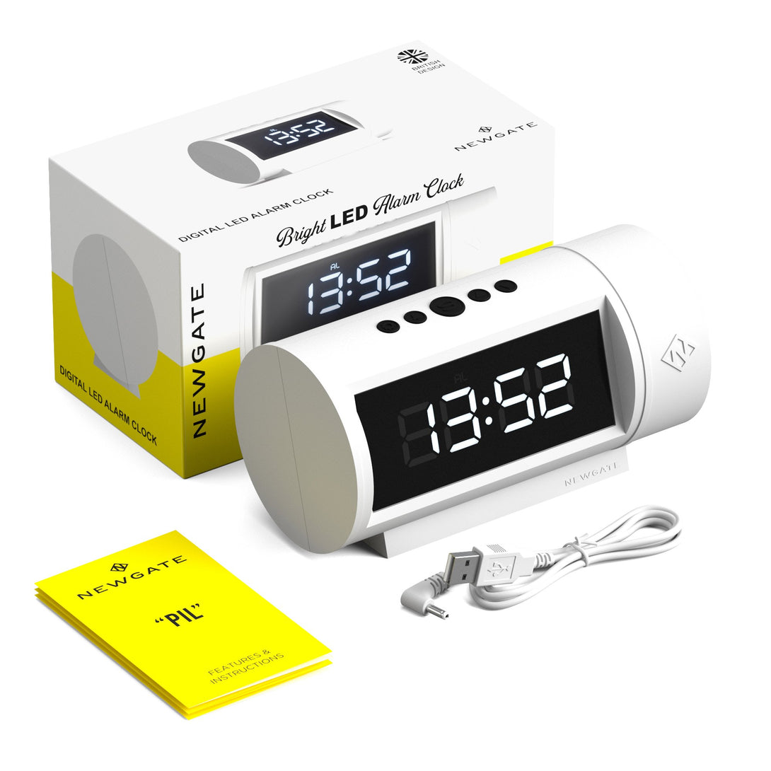 Digital Pil Alarm Clock | White with Black LCD Display - Packaging