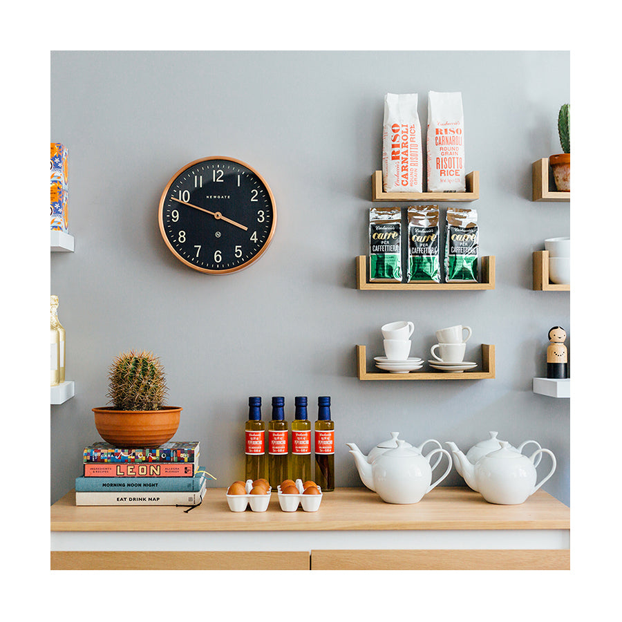Copper and Petrol Blue Master Edwards small wall clock by Newgate World in a kitchen setting