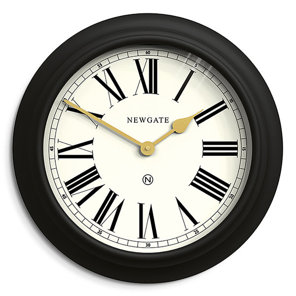 Newgate World large Chocolate Shop wall clock in Black with Gold hands and cream Roman numeral dial