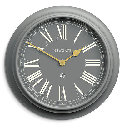 Newgate World large Chocolate Shop wall clock in Posh Grey with Gold hands and Roman numeral dial