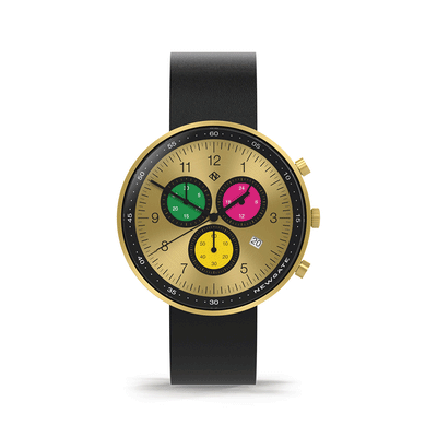 Men’s Chronograph Watch – Black Leather gold Stripe – British Designed Quartz Analog - Modern Subdial - Newgate WWG6MTC - MONTE CARLO - front