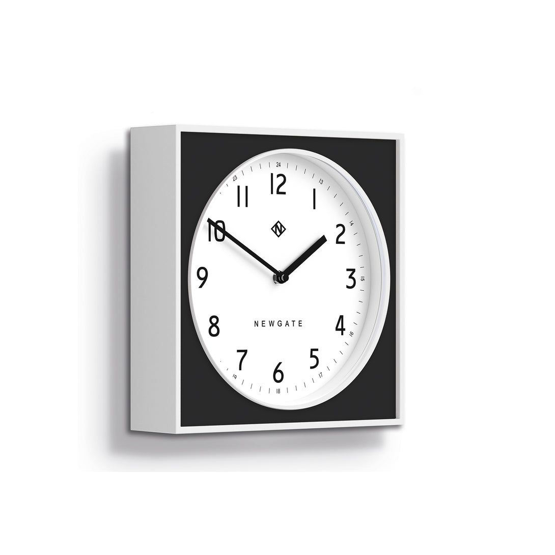 Modern Wall Clock - White Case with Colourful Black Pannel - Newgate Burger and Chips BURG261WK - Skew