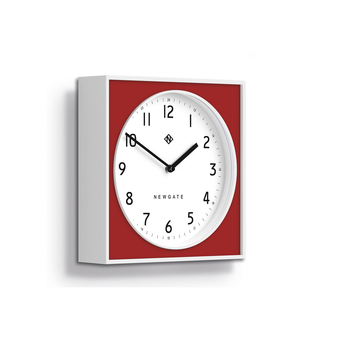 Modern Wall Clock - White Case with Colourful Fire Engine Red Pannel - Newgate Burger and Chips BURG261WFER - Skew
